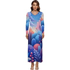 Nature Night Bushes Flowers Leaves Clouds Landscape Berries Story Fantasy Wallpaper Background Sampl Long Sleeve Longline Maxi Dress by Maspions