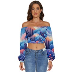 Nature Night Bushes Flowers Leaves Clouds Landscape Berries Story Fantasy Wallpaper Background Sampl Long Sleeve Crinkled Weave Crop Top