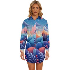 Nature Night Bushes Flowers Leaves Clouds Landscape Berries Story Fantasy Wallpaper Background Sampl Womens Long Sleeve Shirt Dress