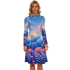 Nature Night Bushes Flowers Leaves Clouds Landscape Berries Story Fantasy Wallpaper Background Sampl Long Sleeve Shirt Collar A-line Dress by Maspions