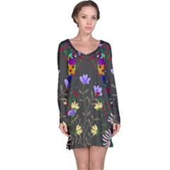 Bird Flower Plant Nature Long Sleeve Nightdress