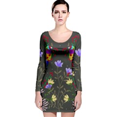 Bird Flower Plant Nature Long Sleeve Velvet Bodycon Dress