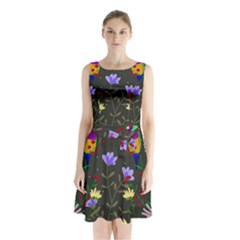 Bird Flower Plant Nature Sleeveless Waist Tie Chiffon Dress