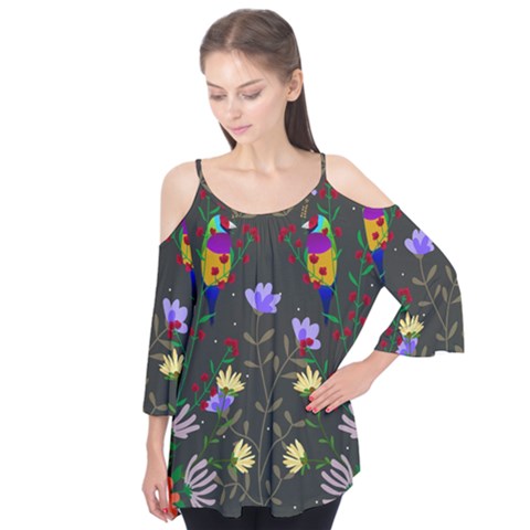 Bird Flower Plant Nature Flutter Sleeve T-shirt  by Maspions