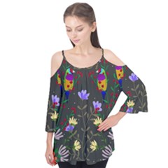 Bird Flower Plant Nature Flutter Sleeve T-shirt 