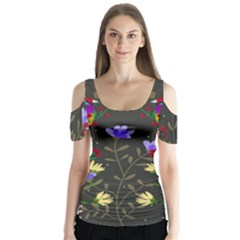 Bird Flower Plant Nature Butterfly Sleeve Cutout T-shirt 