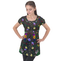 Bird Flower Plant Nature Puff Sleeve Tunic Top