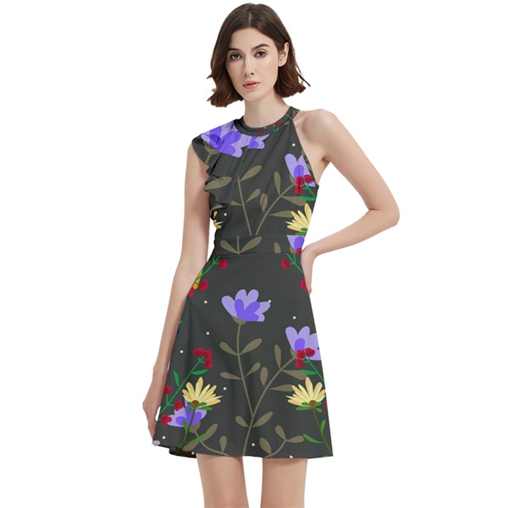 Bird Flower Plant Nature Cocktail Party Halter Sleeveless Dress With Pockets