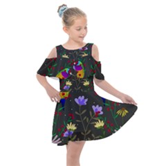 Bird Flower Plant Nature Kids  Shoulder Cutout Chiffon Dress