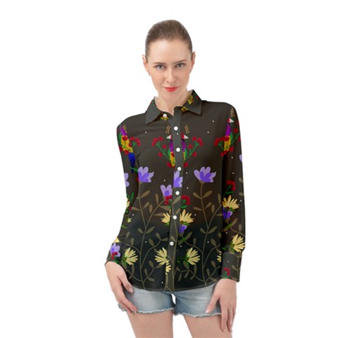 Bird Flower Plant Nature Long Sleeve Chiffon Shirt by Maspions