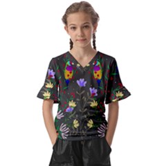 Bird Flower Plant Nature Kids  V-neck Horn Sleeve Blouse by Maspions