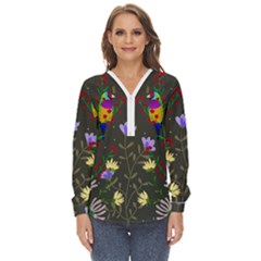 Bird Flower Plant Nature Zip Up Long Sleeve Blouse