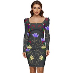 Bird Flower Plant Nature Women Long Sleeve Ruched Stretch Jersey Dress