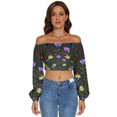 Bird Flower Plant Nature Long Sleeve Crinkled Weave Crop Top