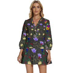 Bird Flower Plant Nature V-neck Placket Mini Dress by Maspions