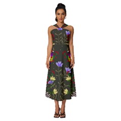 Bird Flower Plant Nature Sleeveless Cross Front Cocktail Midi Chiffon Dress