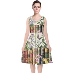 Books Flowers Book Flower Flora Floral V-neck Midi Sleeveless Dress 