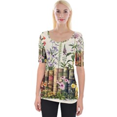 Books Flowers Book Flower Flora Floral Wide Neckline T-shirt