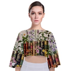 Books Flowers Book Flower Flora Floral Tie Back Butterfly Sleeve Chiffon Top