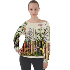 Books Flowers Book Flower Flora Floral Off Shoulder Long Sleeve Velour Top