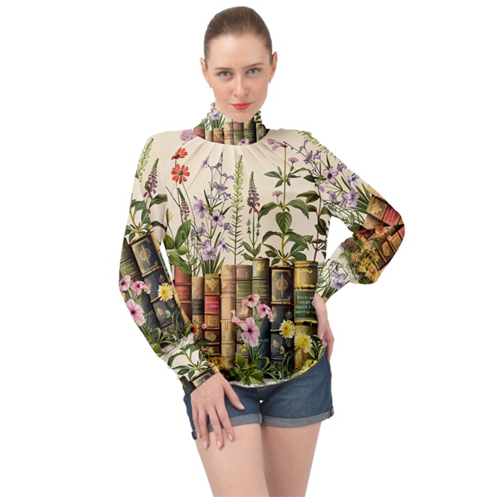 Books Flowers Book Flower Flora Floral High Neck Long Sleeve Chiffon Top