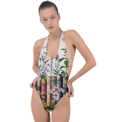 Books Flowers Book Flower Flora Floral Backless Halter One Piece Swimsuit by Maspions