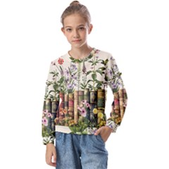 Books Flowers Book Flower Flora Floral Kids  Long Sleeve T-shirt With Frill 