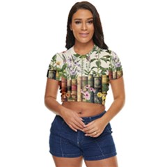 Books Flowers Book Flower Flora Floral Side Button Cropped T-shirt