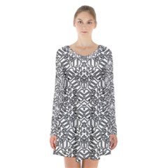 Monochrome Maze Design Print Long Sleeve Velvet V-neck Dress by dflcprintsclothing