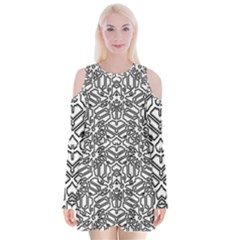 Monochrome Maze Design Print Velvet Long Sleeve Shoulder Cutout Dress by dflcprintsclothing