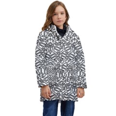 Monochrome Maze Design Print Kids  Hooded Longline Puffer Jacket by dflcprintsclothing