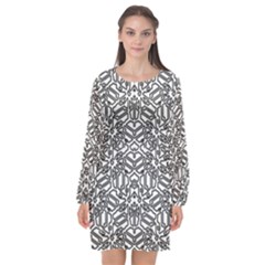 Monochrome Maze Design Print Long Sleeve Chiffon Shift Dress 