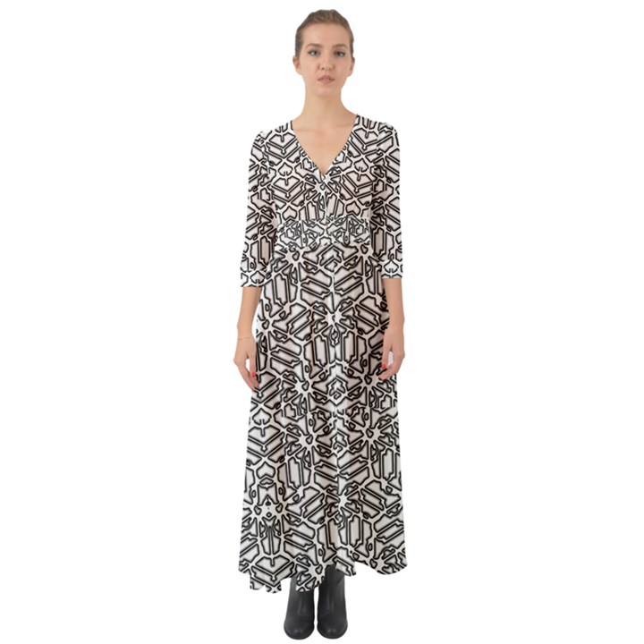 Monochrome Maze Design Print Button Up Boho Maxi Dress