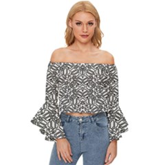 Monochrome Maze Design Print Off Shoulder Flutter Bell Sleeve Top by dflcprintsclothing