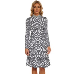 Monochrome Maze Design Print Long Sleeve Shirt Collar A-line Dress by dflcprintsclothing