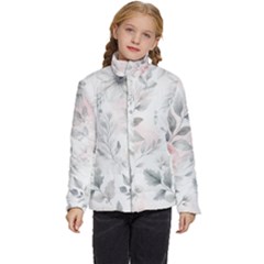 Light Grey And Pink Floral Kids  Puffer Bubble Jacket Coat by LyssasMindArt