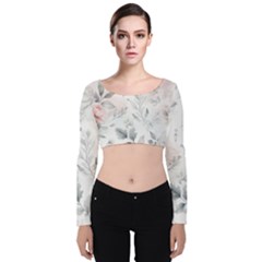 Light Grey And Pink Floral Velvet Long Sleeve Crop Top by LyssasMindArt