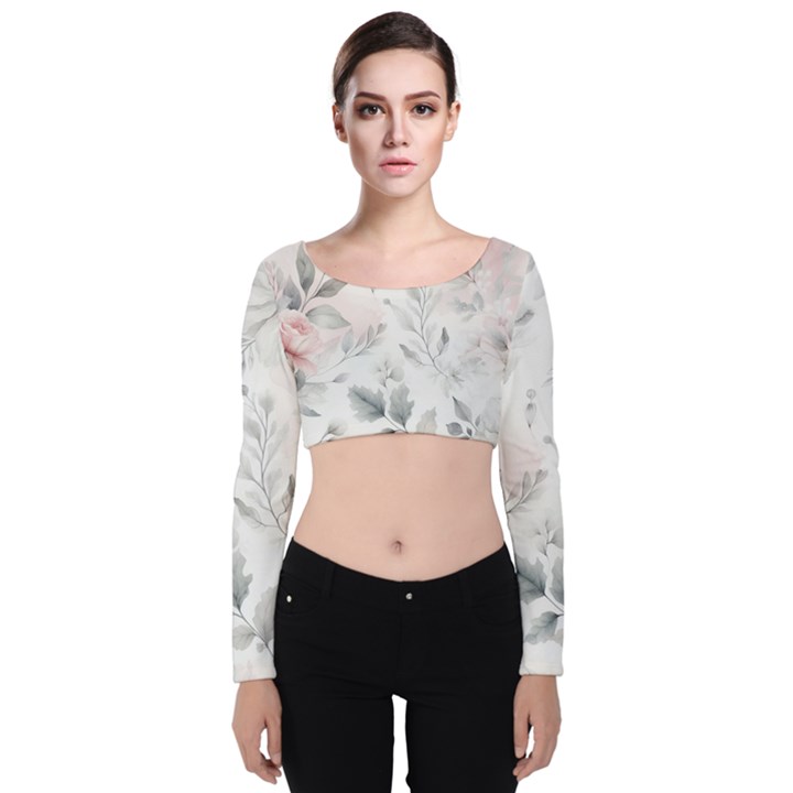 Light Grey and Pink Floral Velvet Long Sleeve Crop Top