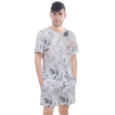 Light Grey And Pink Floral Men s Mesh T-shirt And Shorts Set by LyssasMindArt