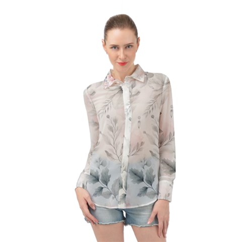 Light Grey And Pink Floral Long Sleeve Chiffon Shirt by LyssasMindArt