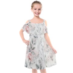 Light Grey And Pink Floral Kids  Cut Out Shoulders Chiffon Dress by LyssasMindArt