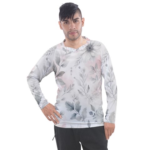 Light Grey And Pink Floral Men s Pique Long Sleeve T-shirt by LyssasMindArt