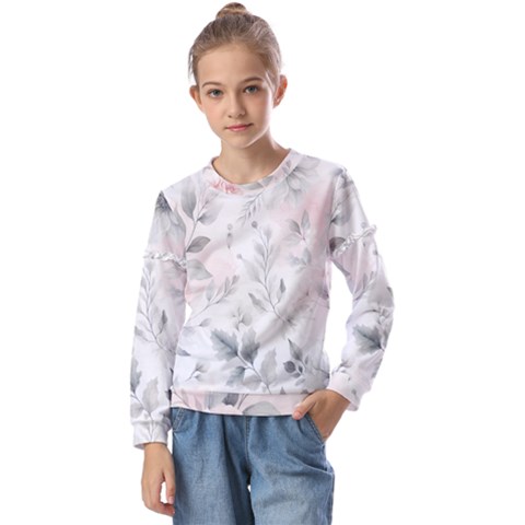 Light Grey And Pink Floral Kids  Long Sleeve T-shirt With Frill  by LyssasMindArt