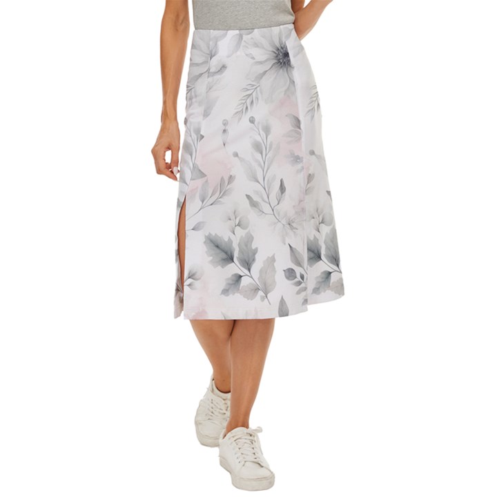 Light Grey and Pink Floral Midi Panel Skirt