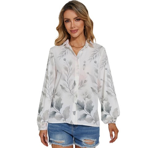 Light Grey And Pink Floral Women s Long Sleeve Button Up Shirt by LyssasMindArt