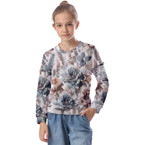 Vintage Floral Elegance Kids  Long Sleeve T-shirt With Frill  by LyssasMindArt