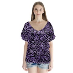 Enigmatic Plum Mosaic V-neck Flutter Sleeve Top by dflcprintsclothing