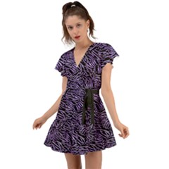 Enigmatic Plum Mosaic Flutter Sleeve Wrap Dress