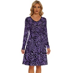 Enigmatic Plum Mosaic Long Sleeve Dress With Pocket