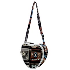 Retro Cameras Old Vintage Antique Technology Wallpaper Retrospective Heart Shoulder Bag by Grandong